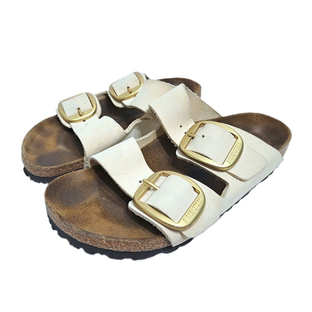Birkenstock Arizona Big Gold Buckle Ecru Sandals Women's 6 Size 37 Leather Cork